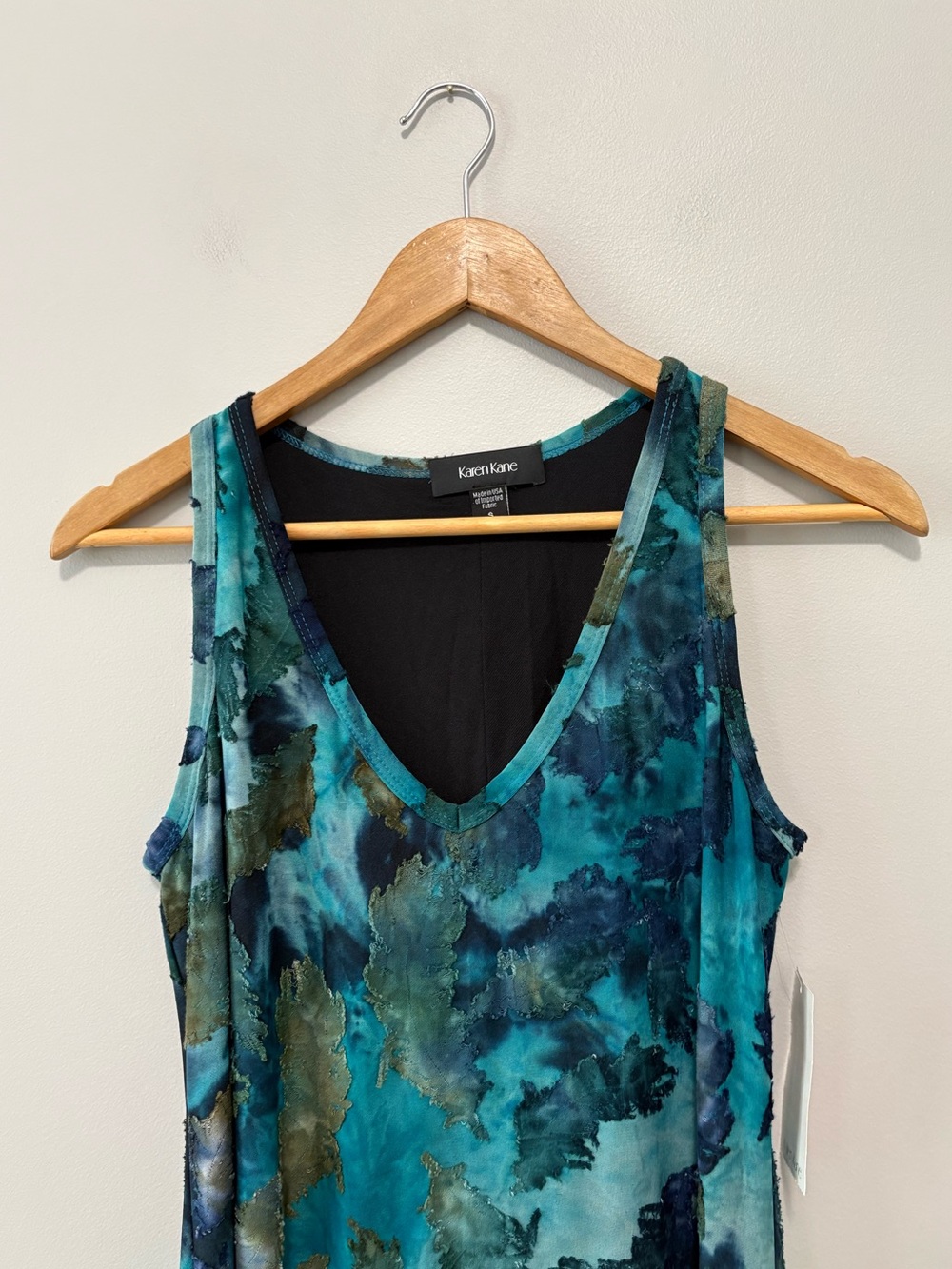 Karen Kane Teal and Navy Abstract Watercolor Indie Hippie V-Neck Maxi Dress - Picture 2 of 5